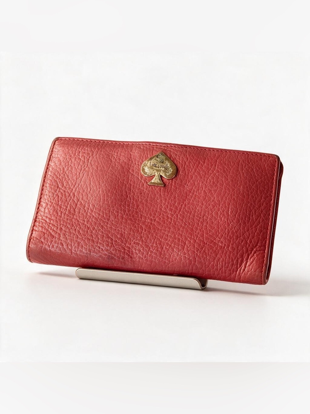 kate spade Red Pebbled Leather Continental Wallet with Gold Spade Emblem